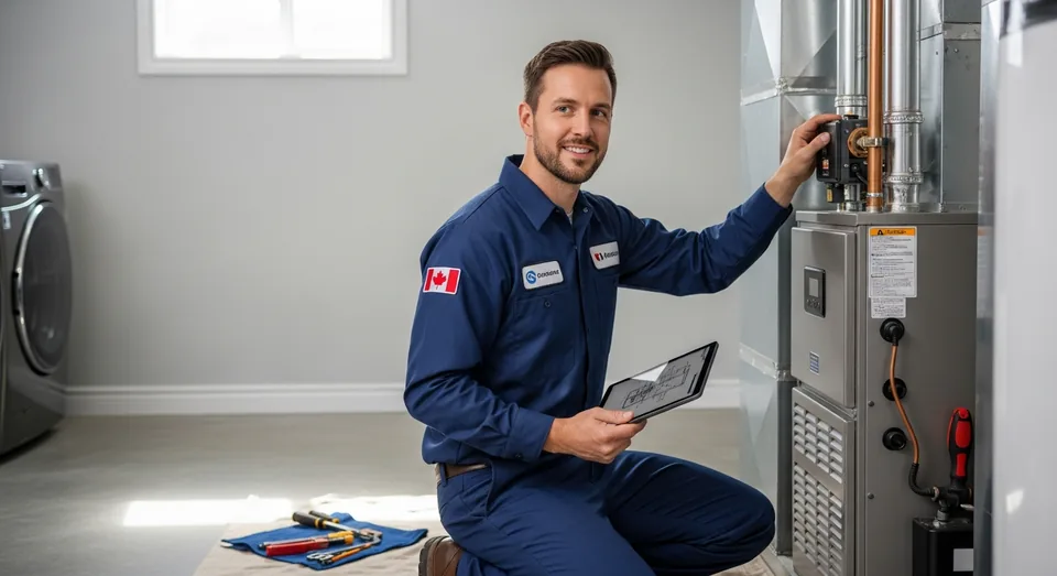 HVAC technician installing a furnace in a Cambridge home